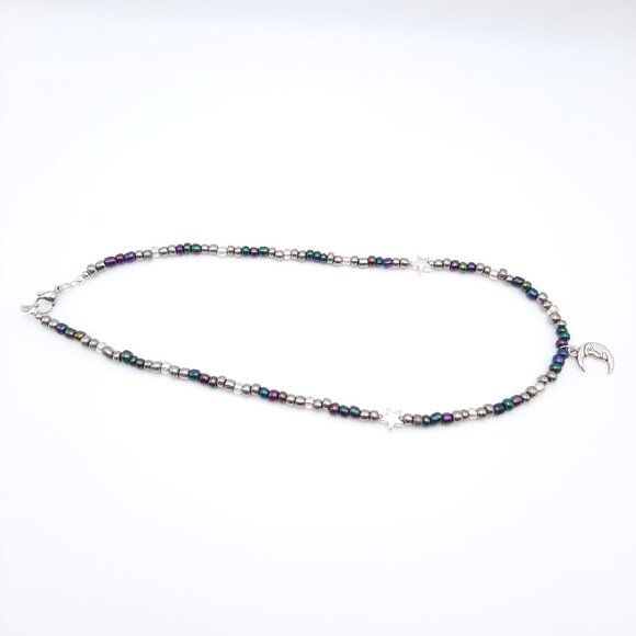 Celestial Moon & Stars Colorful Rainbow Silver Choker Necklace Handmade Jewelry - Picture 4 of 8